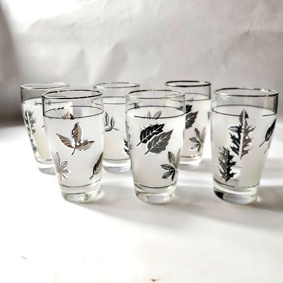 Set 6 Libbey Frosted Silver Leaf Glasses 12 Oz 5.5 Inches Tall Vintage - Picture 1 of 3